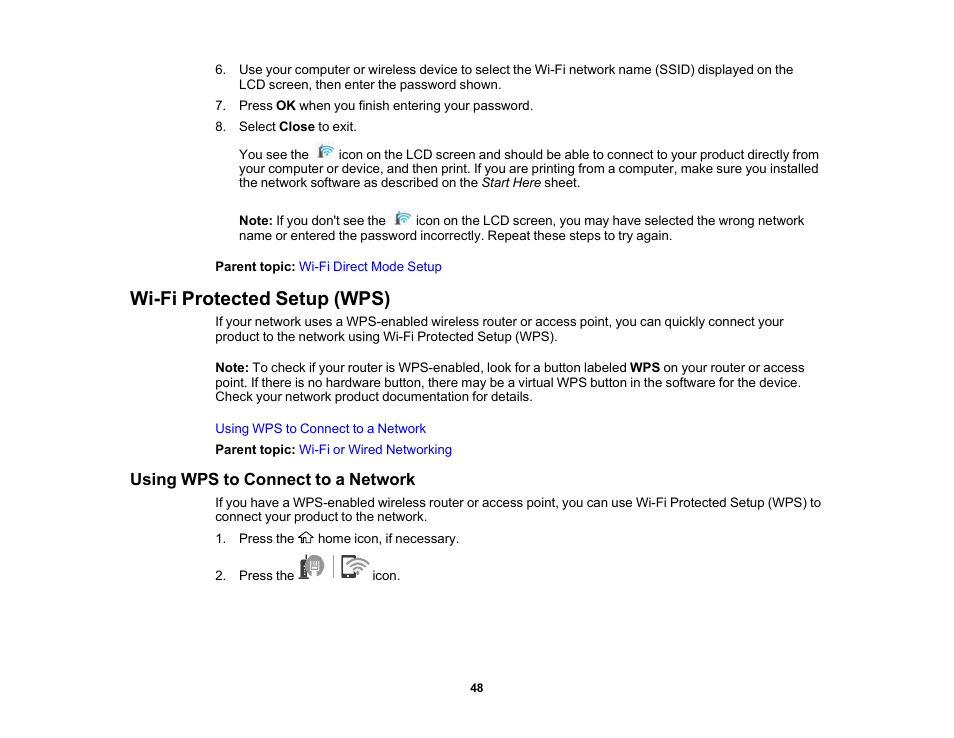 Wi-fi protected setup (wps), Using wps to connect to a network | Epson Expression Premium XP-7100 Small-In-One Inkjet Printer User Manual | Page 48 / 340