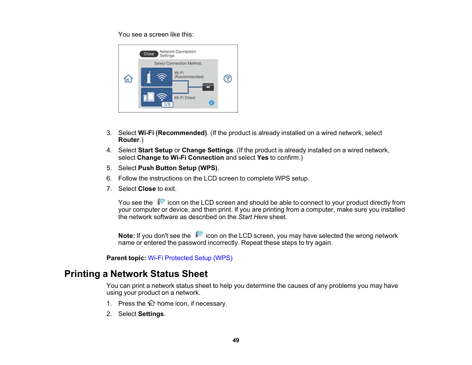 Printing a network status sheet | Epson Expression Premium XP-7100 Small-In-One Inkjet Printer User Manual | Page 49 / 340