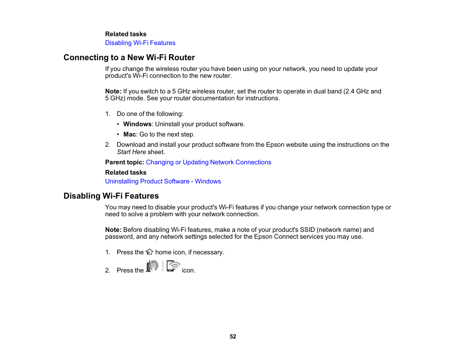 Connecting to a new wi-fi router, Disabling wi-fi features | Epson Expression Premium XP-7100 Small-In-One Inkjet Printer User Manual | Page 52 / 340