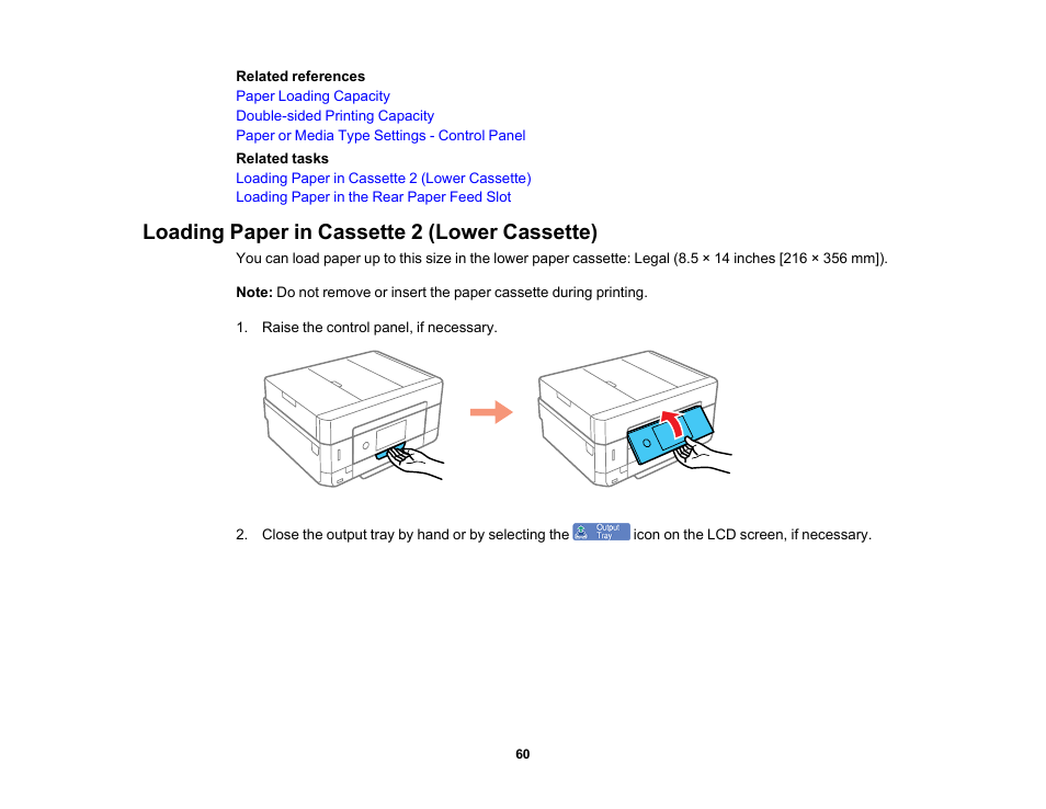 Loading paper in cassette 2 (lower cassette) | Epson Expression Premium XP-7100 Small-In-One Inkjet Printer User Manual | Page 60 / 340