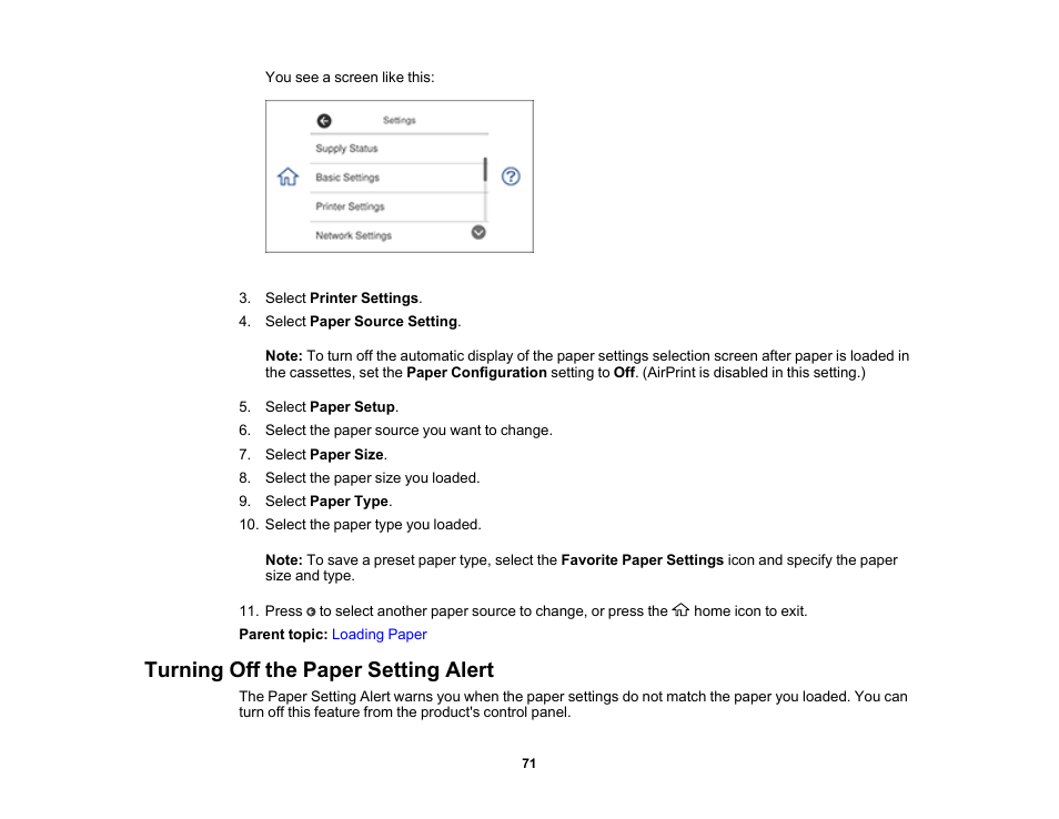 Turning off the paper setting alert | Epson Expression Premium XP-7100 Small-In-One Inkjet Printer User Manual | Page 71 / 340