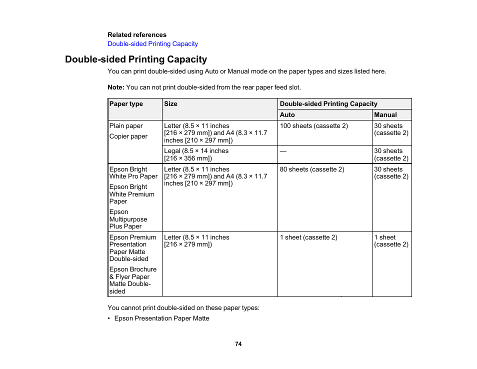 Double-sided printing capacity | Epson Expression Premium XP-7100 Small-In-One Inkjet Printer User Manual | Page 74 / 340