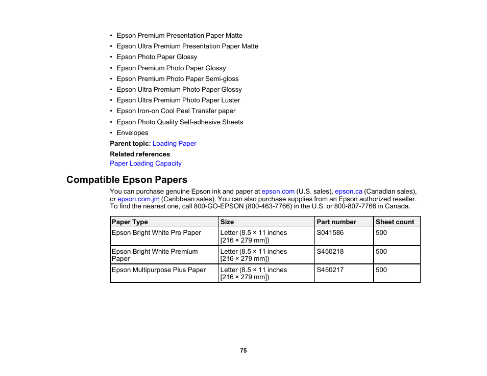 Compatible epson papers | Epson Expression Premium XP-7100 Small-In-One Inkjet Printer User Manual | Page 75 / 340