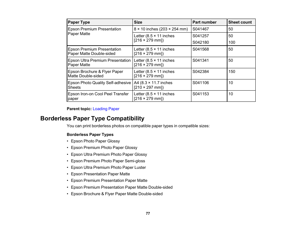 Borderless paper type compatibility | Epson Expression Premium XP-7100 Small-In-One Inkjet Printer User Manual | Page 77 / 340