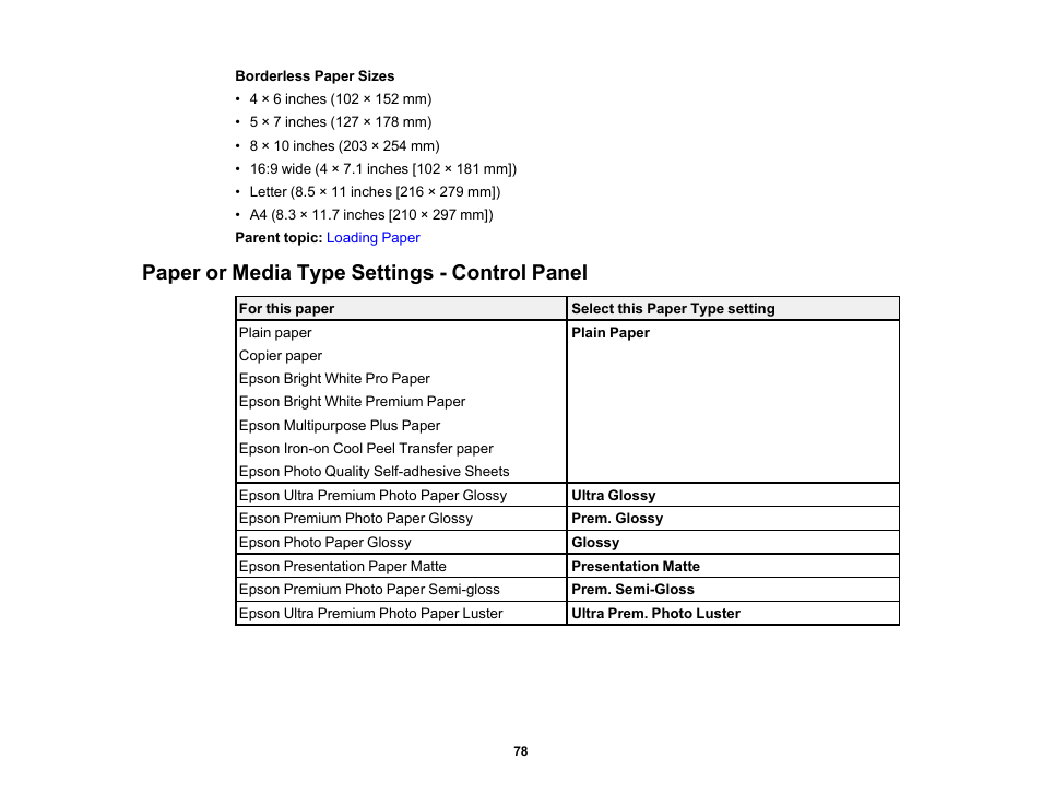 Paper or media type settings - control panel | Epson Expression Premium XP-7100 Small-In-One Inkjet Printer User Manual | Page 78 / 340