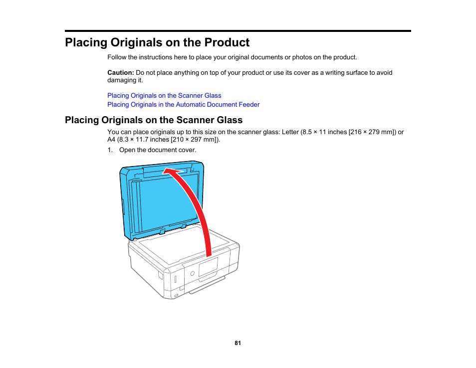 Placing originals on the product, Placing originals on the scanner glass | Epson Expression Premium XP-7100 Small-In-One Inkjet Printer User Manual | Page 81 / 340