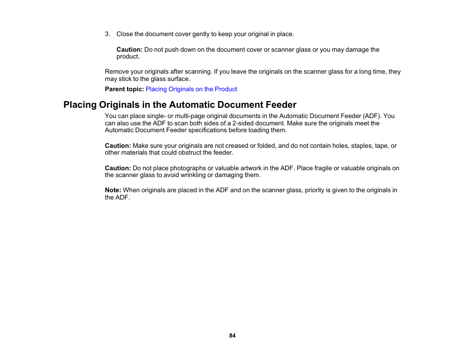 Placing originals in the automatic document feeder | Epson Expression Premium XP-7100 Small-In-One Inkjet Printer User Manual | Page 84 / 340