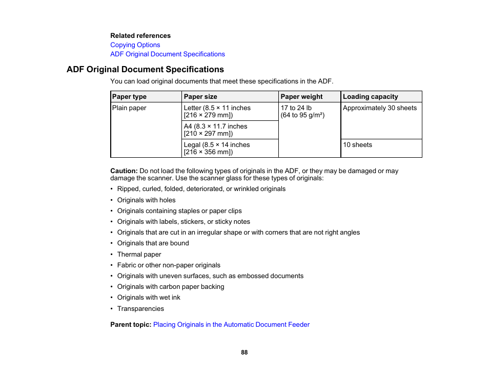 Adf original document specifications | Epson Expression Premium XP-7100 Small-In-One Inkjet Printer User Manual | Page 88 / 340