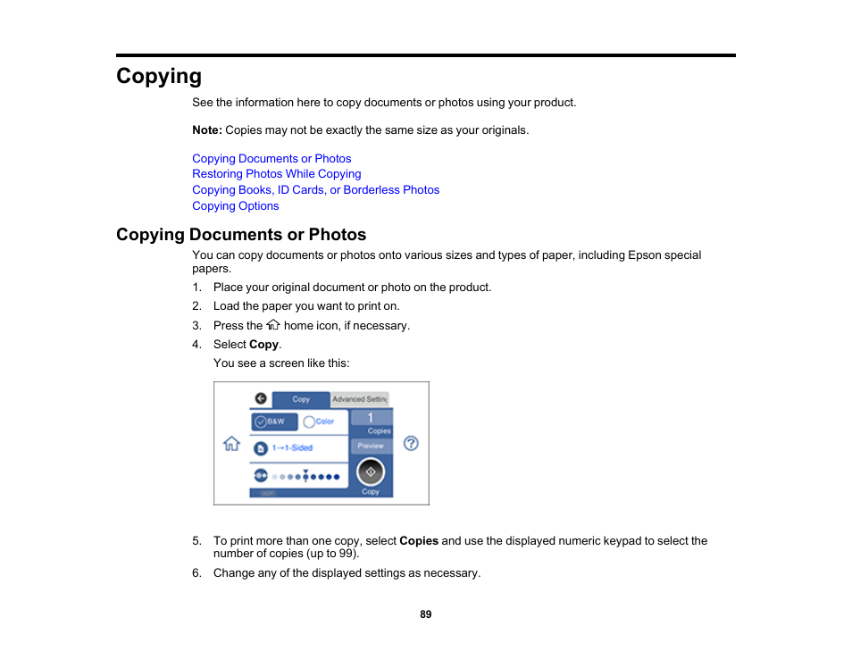 Copying, Copying documents or photos | Epson Expression Premium XP-7100 Small-In-One Inkjet Printer User Manual | Page 89 / 340