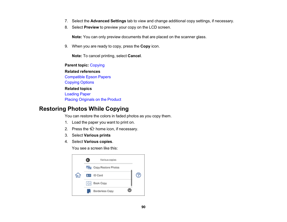 Restoring photos while copying | Epson Expression Premium XP-7100 Small-In-One Inkjet Printer User Manual | Page 90 / 340