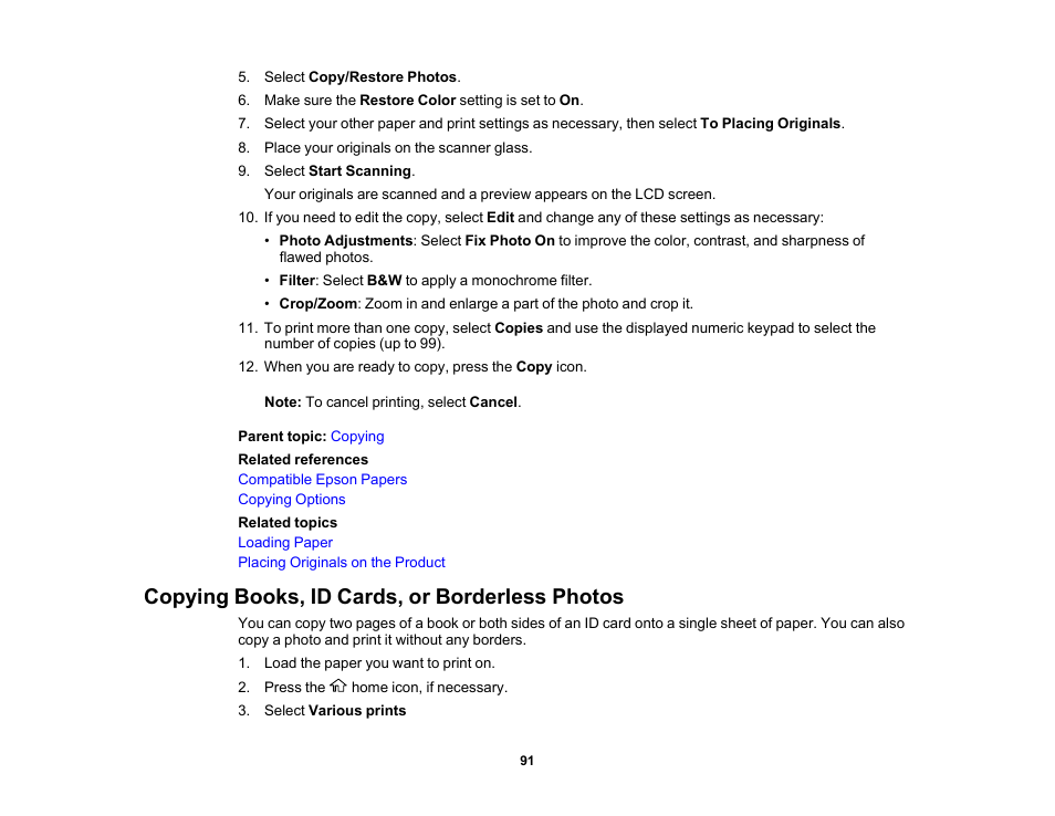 Copying books, id cards, or borderless photos | Epson Expression Premium XP-7100 Small-In-One Inkjet Printer User Manual | Page 91 / 340