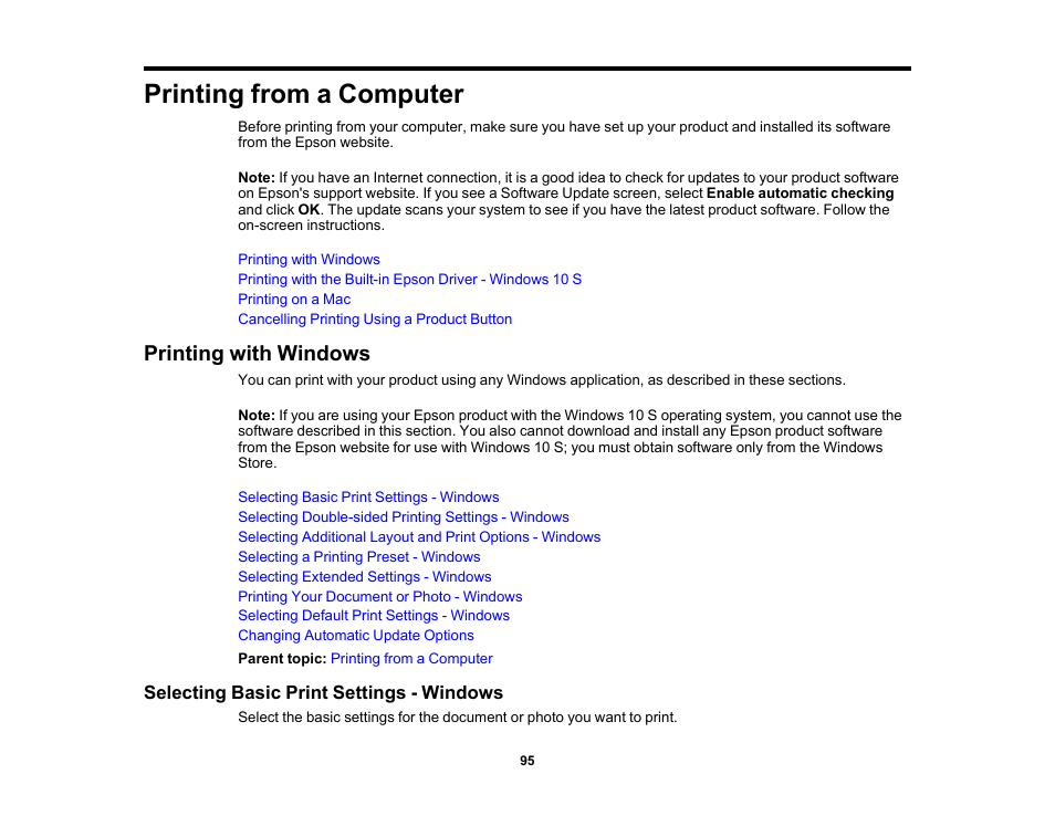 Printing from a computer, Printing with windows, Selecting basic print settings - windows | Epson Expression Premium XP-7100 Small-In-One Inkjet Printer User Manual | Page 95 / 340