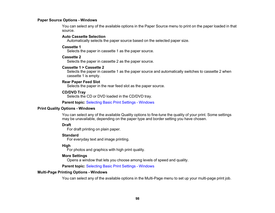 Paper source options - windows, Print quality options - windows | Epson Expression Premium XP-7100 Small-In-One Inkjet Printer User Manual | Page 98 / 340