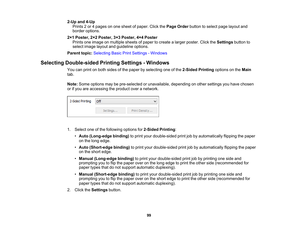 Selecting double-sided printing settings - windows | Epson Expression Premium XP-7100 Small-In-One Inkjet Printer User Manual | Page 99 / 340