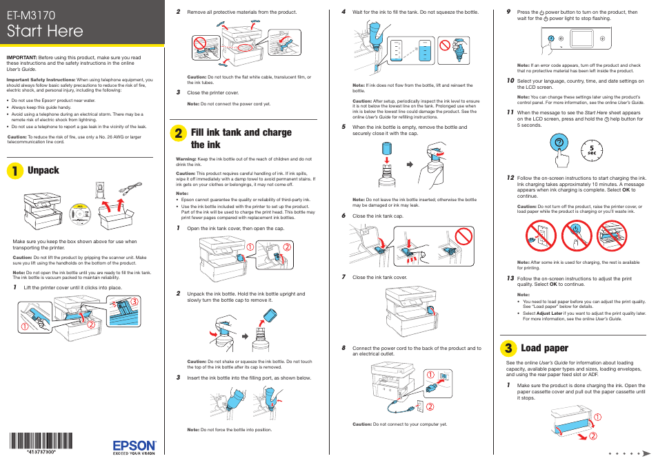 Start here, Et-m3170, Load paper | Unpack, Fill ink tank and charge the ink | Epson EcoTank ET-M3170 Wireless Monochrome All-in-One Supertank Printer User Manual | Page 2 / 4