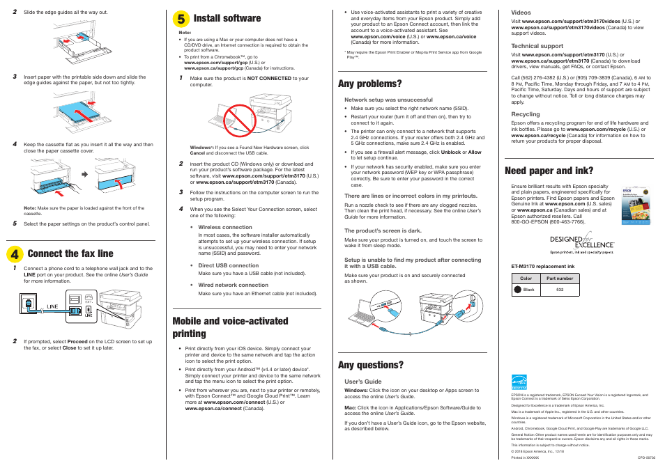 Load paper, Connect the fax line, Install software | Mobile and voice-activated printing, Any problems, Any questions, Need paper and ink | Epson EcoTank ET-M3170 Wireless Monochrome All-in-One Supertank Printer User Manual | Page 3 / 4