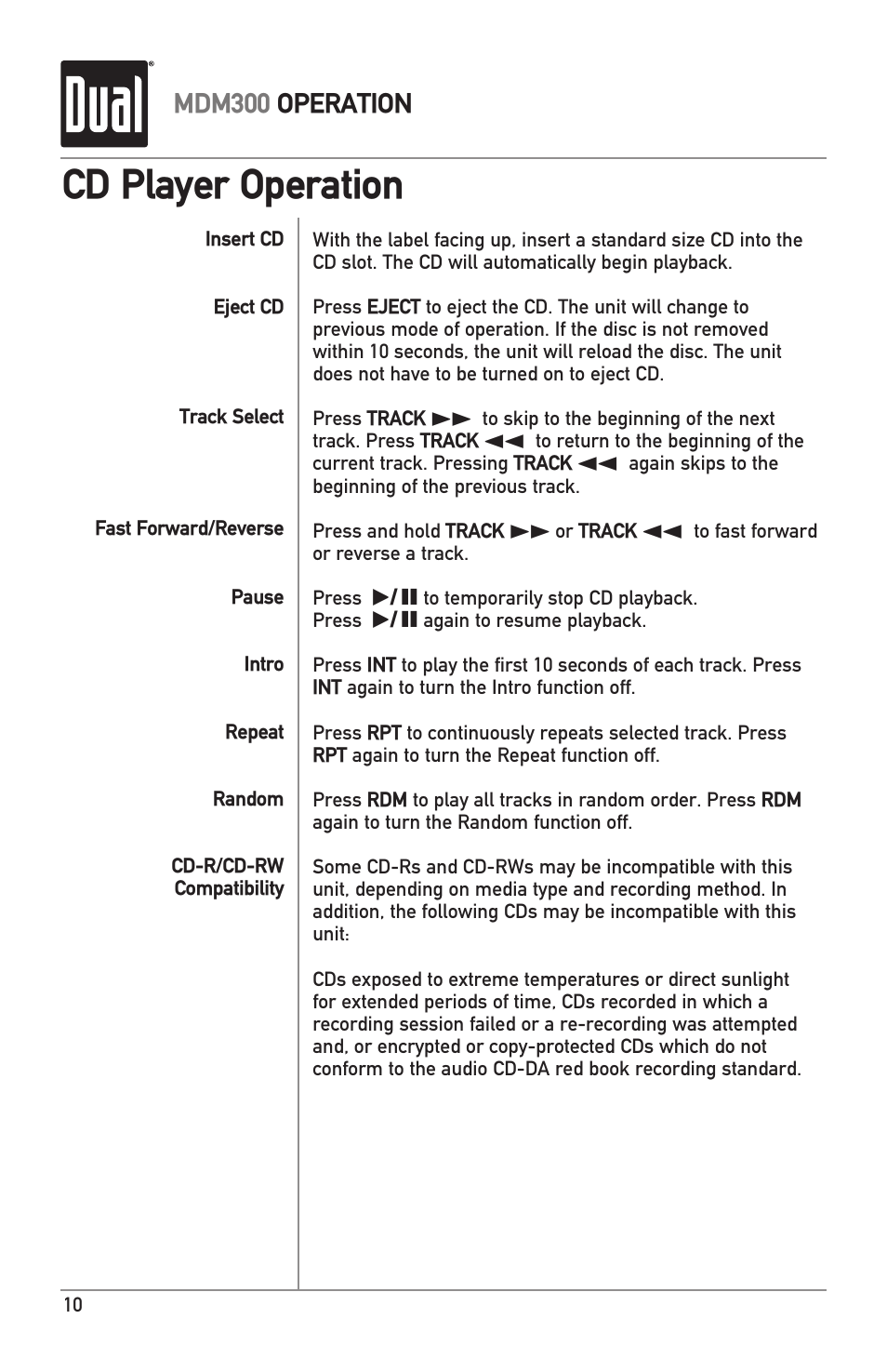 Cd player operation, Mdm300 operation | Dual MDM300 User Manual | Page 10 / 24