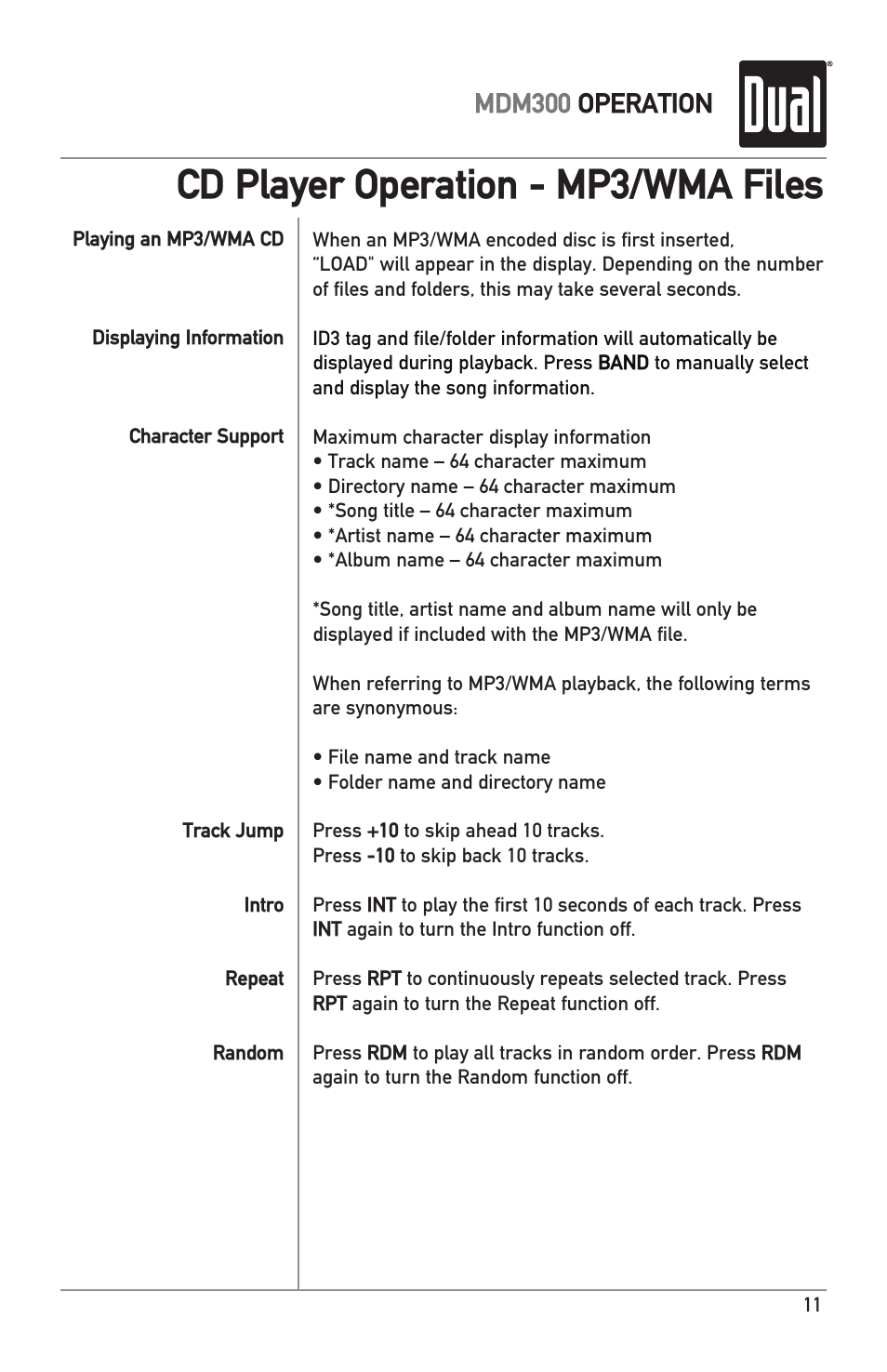 Cd player operation - mp3/wma files, Mdm300 operation | Dual MDM300 User Manual | Page 11 / 24