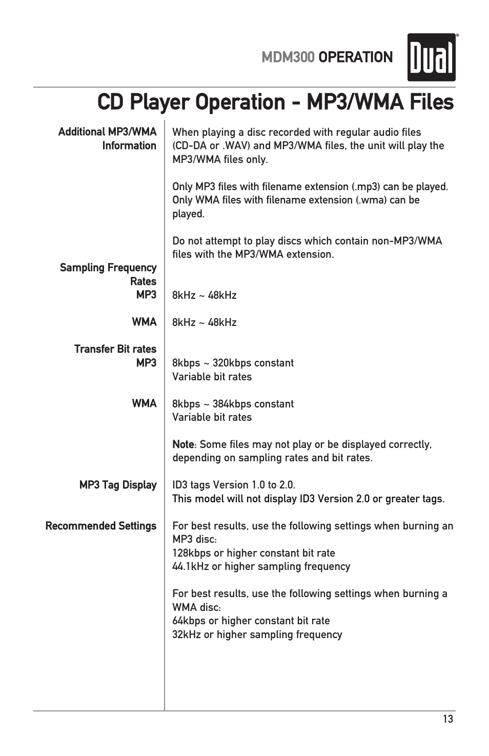 Cd player operation - mp3/wma files, Mdm300 operation | Dual MDM300 User Manual | Page 13 / 24