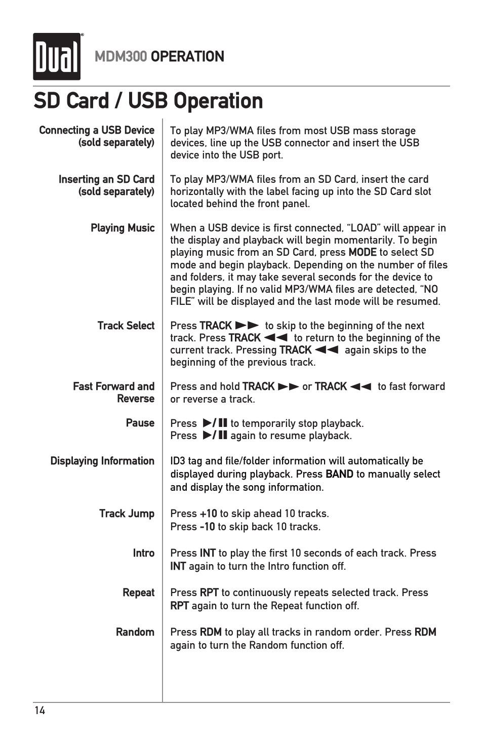 Sd card / usb operation | Dual MDM300 User Manual | Page 14 / 24