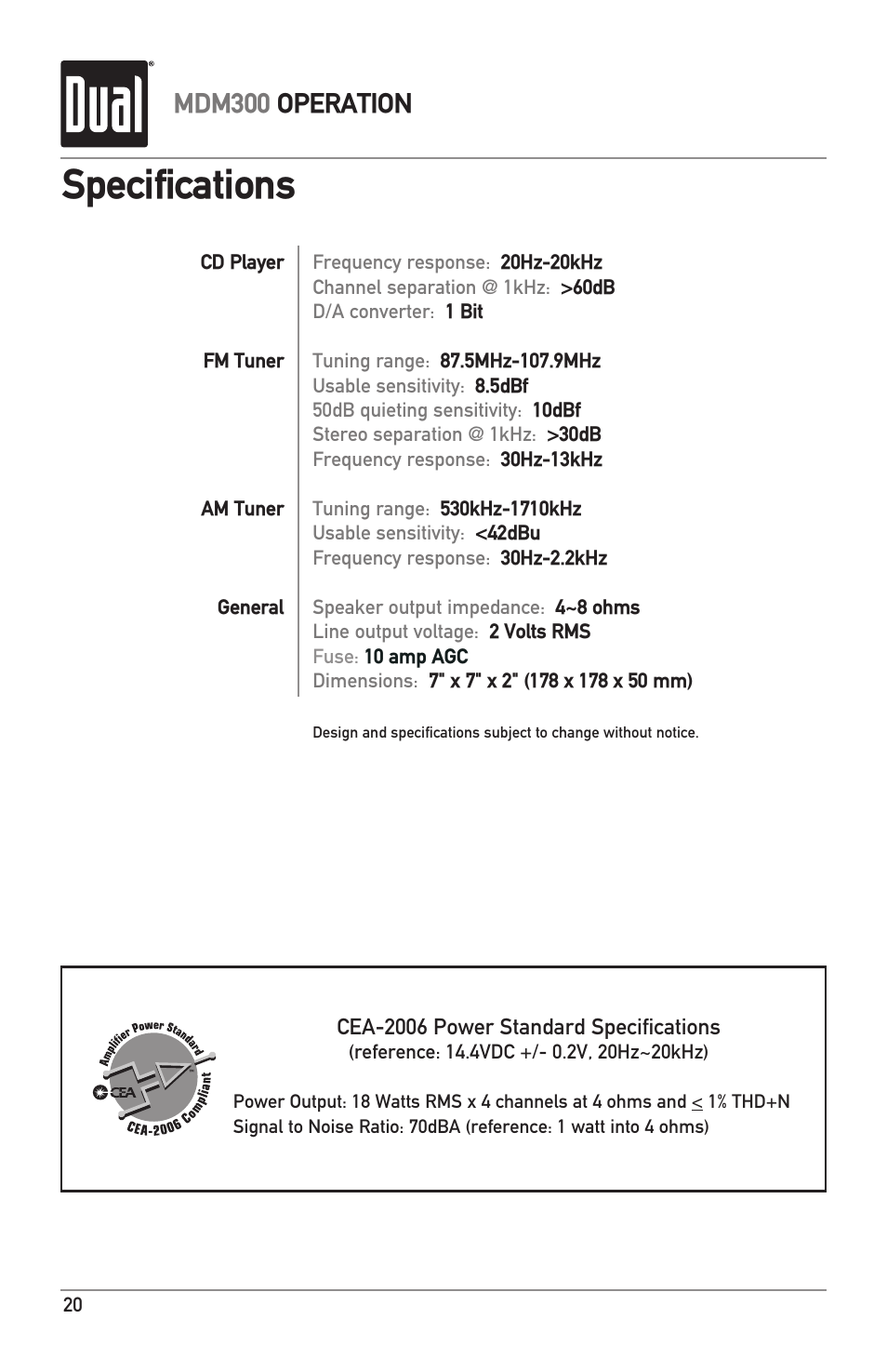 Specifications, Mdm300 operation | Dual MDM300 User Manual | Page 20 / 24