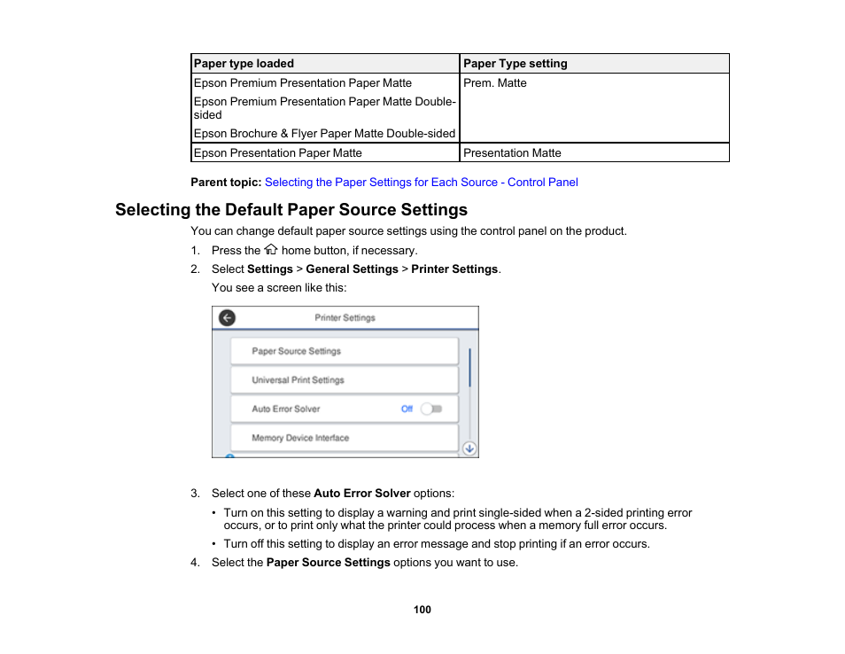 Selecting the default paper source settings | Epson WorkForce Pro WF-7820 All-in-One Inkjet Printer User Manual | Page 100 / 393