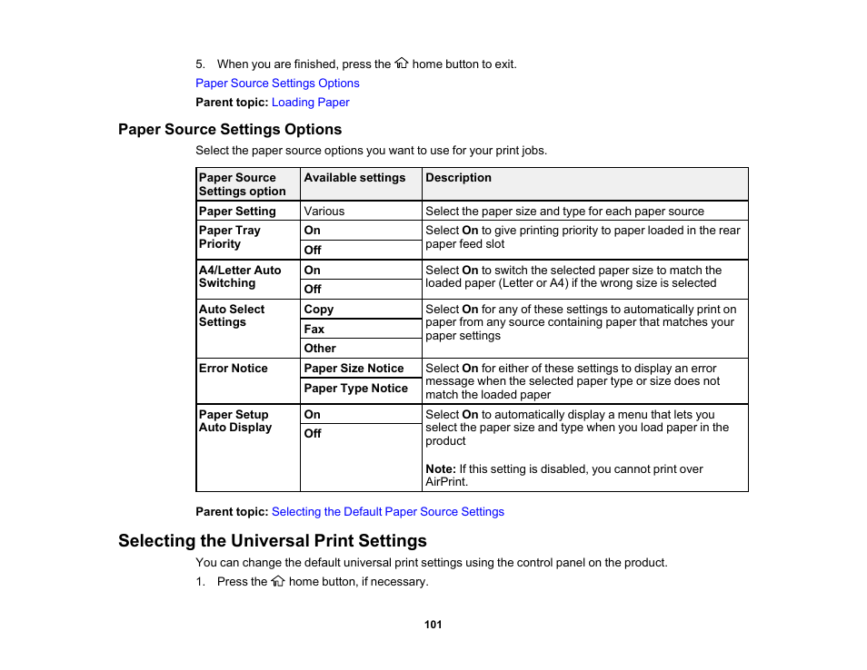 Paper source settings options, Selecting the universal print settings | Epson WorkForce Pro WF-7820 All-in-One Inkjet Printer User Manual | Page 101 / 393