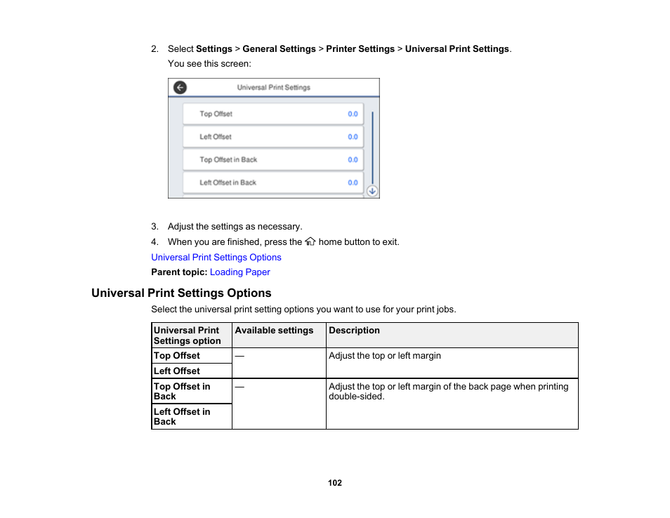 Universal print settings options | Epson WorkForce Pro WF-7820 All-in-One Inkjet Printer User Manual | Page 102 / 393