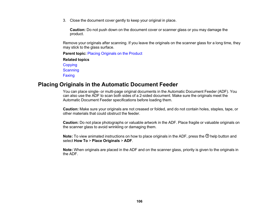 Placing originals in the automatic document feeder | Epson WorkForce Pro WF-7820 All-in-One Inkjet Printer User Manual | Page 106 / 393