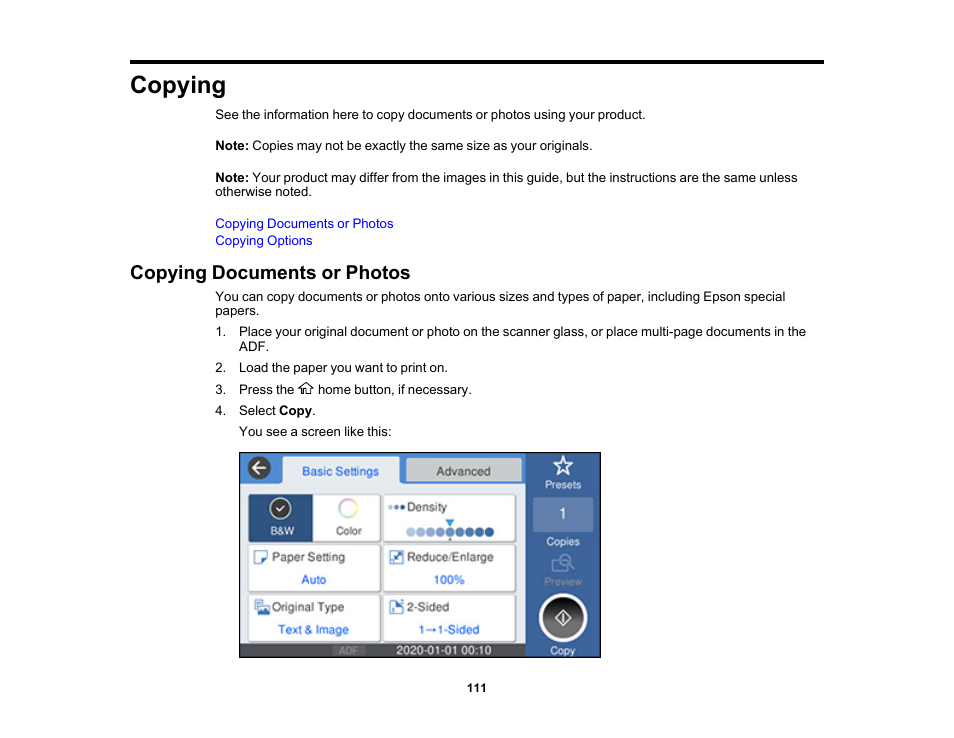 Copying, Copying documents or photos | Epson WorkForce Pro WF-7820 All-in-One Inkjet Printer User Manual | Page 111 / 393