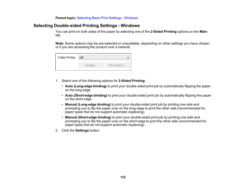 Selecting double-sided printing settings - windows | Epson WorkForce Pro WF-7820 All-in-One Inkjet Printer User Manual | Page 122 / 393