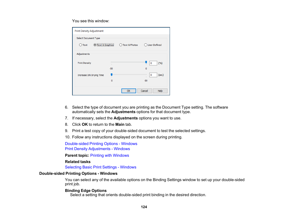 Double-sided printing options - windows | Epson WorkForce Pro WF-7820 All-in-One Inkjet Printer User Manual | Page 124 / 393