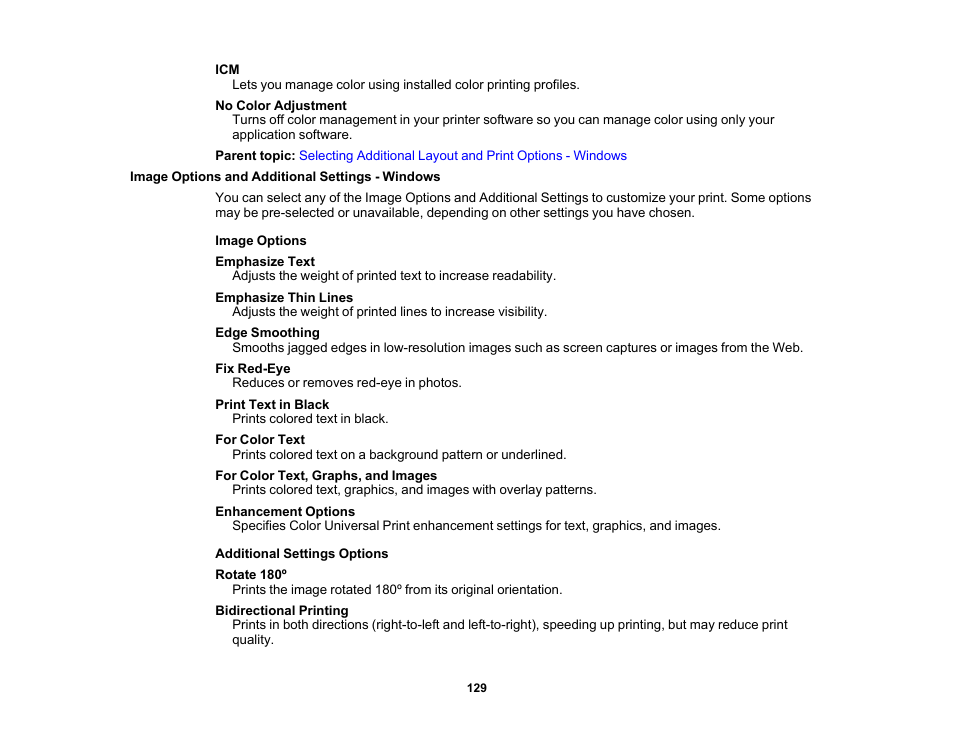 Image options and additional settings - windows | Epson WorkForce Pro WF-7820 All-in-One Inkjet Printer User Manual | Page 129 / 393