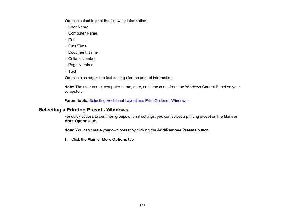 Selecting a printing preset - windows | Epson WorkForce Pro WF-7820 All-in-One Inkjet Printer User Manual | Page 131 / 393