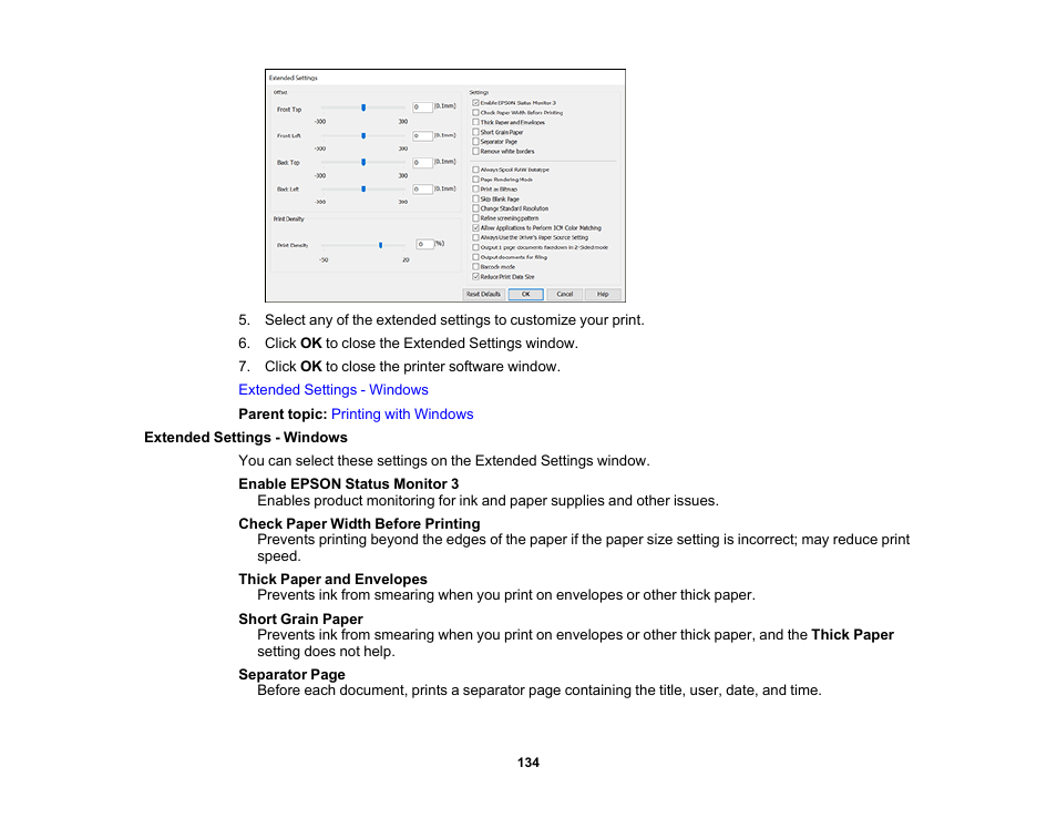 Extended settings - windows | Epson WorkForce Pro WF-7820 All-in-One Inkjet Printer User Manual | Page 134 / 393