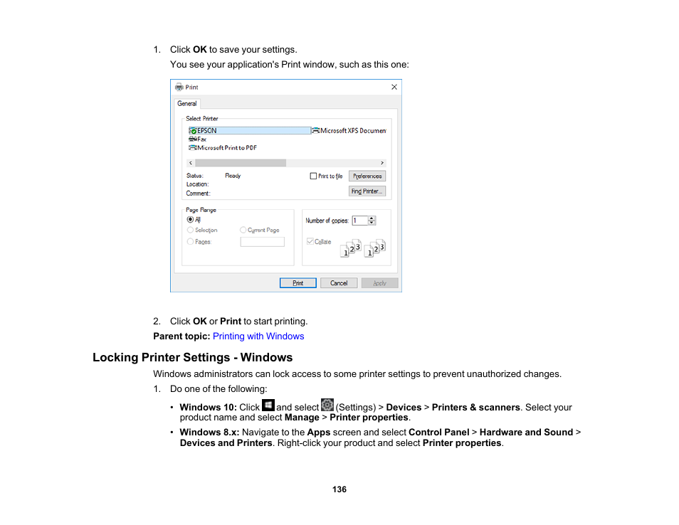 Locking printer settings - windows | Epson WorkForce Pro WF-7820 All-in-One Inkjet Printer User Manual | Page 136 / 393