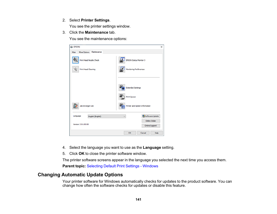 Changing automatic update options | Epson WorkForce Pro WF-7820 All-in-One Inkjet Printer User Manual | Page 141 / 393