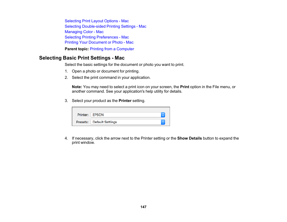 Selecting basic print settings - mac | Epson WorkForce Pro WF-7820 All-in-One Inkjet Printer User Manual | Page 147 / 393