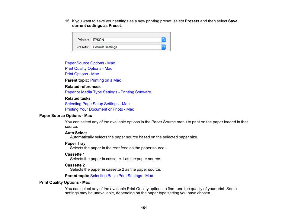 Paper source options - mac, Print quality options - mac | Epson WorkForce Pro WF-7820 All-in-One Inkjet Printer User Manual | Page 151 / 393