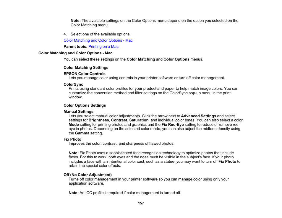 Color matching and color options - mac | Epson WorkForce Pro WF-7820 All-in-One Inkjet Printer User Manual | Page 157 / 393