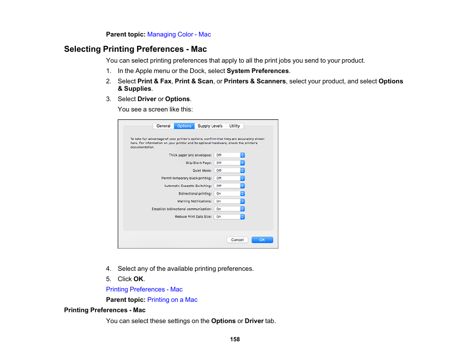 Selecting printing preferences - mac, Printing preferences - mac | Epson WorkForce Pro WF-7820 All-in-One Inkjet Printer User Manual | Page 158 / 393