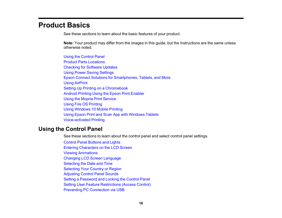 Product basics, Using the control panel | Epson WorkForce Pro WF-7820 All-in-One Inkjet Printer User Manual | Page 16 / 393