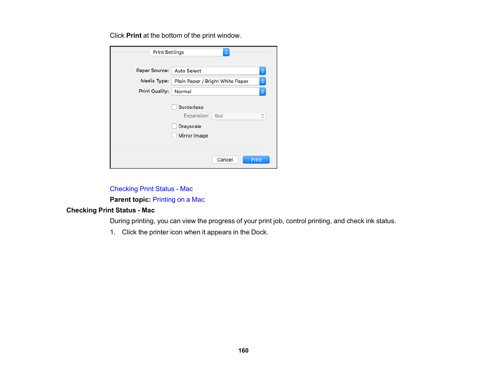 Checking print status - mac | Epson WorkForce Pro WF-7820 All-in-One Inkjet Printer User Manual | Page 160 / 393