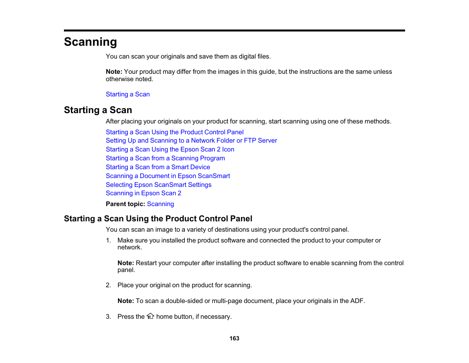 Scanning, Starting a scan, Starting a scan using the product control panel | Epson WorkForce Pro WF-7820 All-in-One Inkjet Printer User Manual | Page 163 / 393