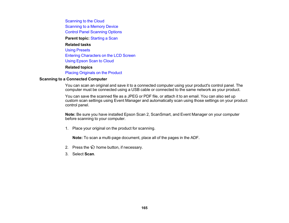 Scanning to a connected computer | Epson WorkForce Pro WF-7820 All-in-One Inkjet Printer User Manual | Page 165 / 393