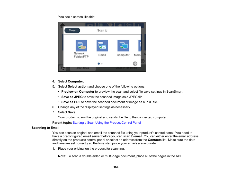 Scanning to email | Epson WorkForce Pro WF-7820 All-in-One Inkjet Printer User Manual | Page 166 / 393