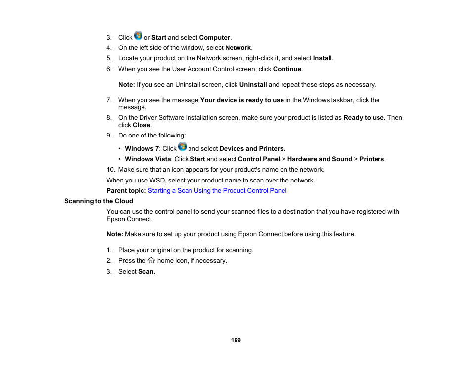 Scanning to the cloud | Epson WorkForce Pro WF-7820 All-in-One Inkjet Printer User Manual | Page 169 / 393