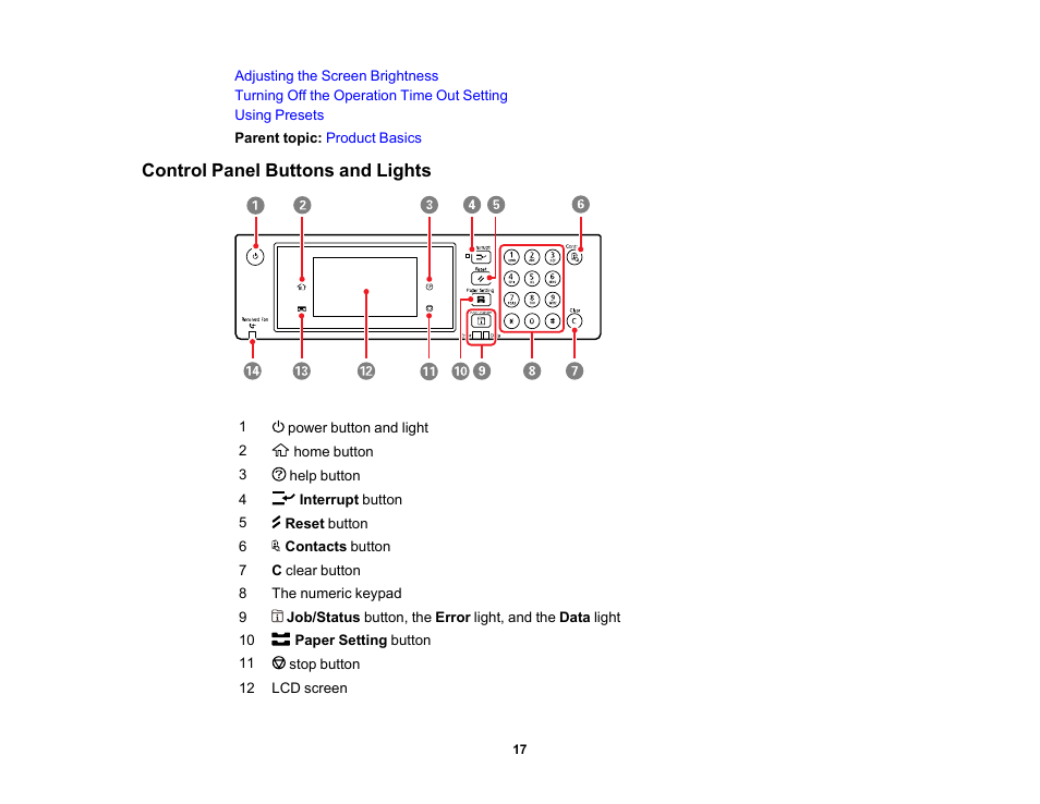 Control panel buttons and lights | Epson WorkForce Pro WF-7820 All-in-One Inkjet Printer User Manual | Page 17 / 393