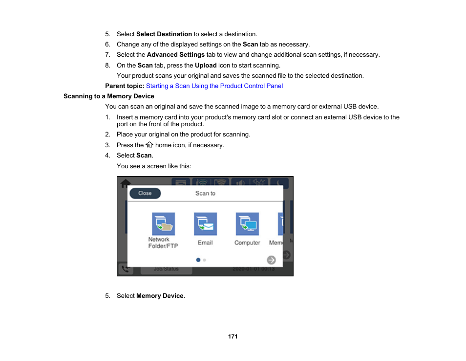 Scanning to a memory device | Epson WorkForce Pro WF-7820 All-in-One Inkjet Printer User Manual | Page 171 / 393