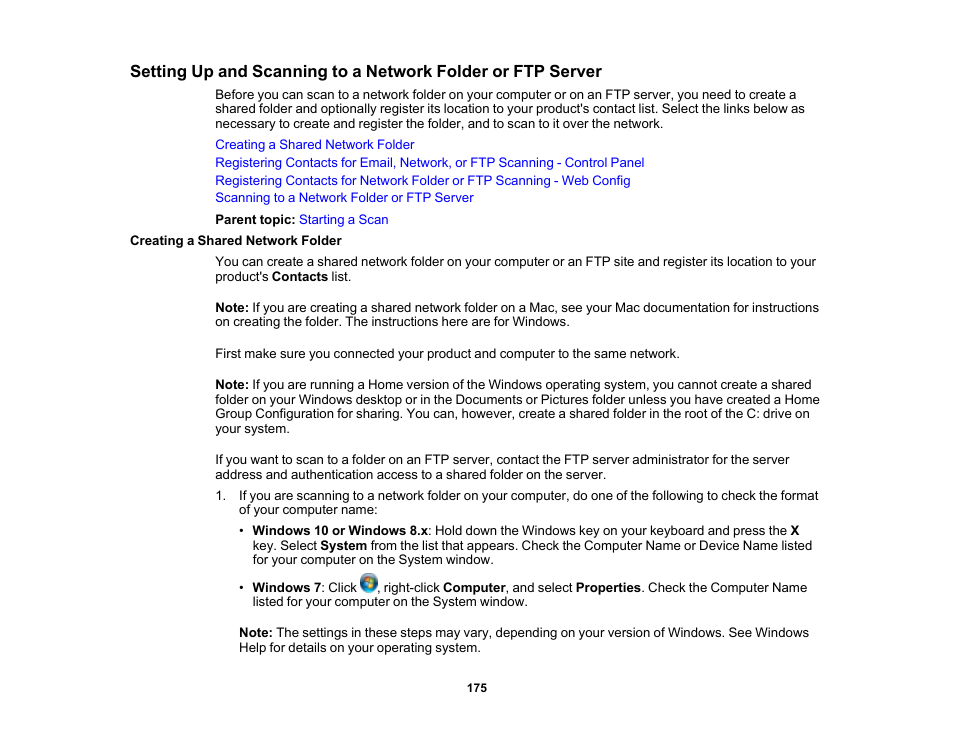 Creating a shared network folder | Epson WorkForce Pro WF-7820 All-in-One Inkjet Printer User Manual | Page 175 / 393